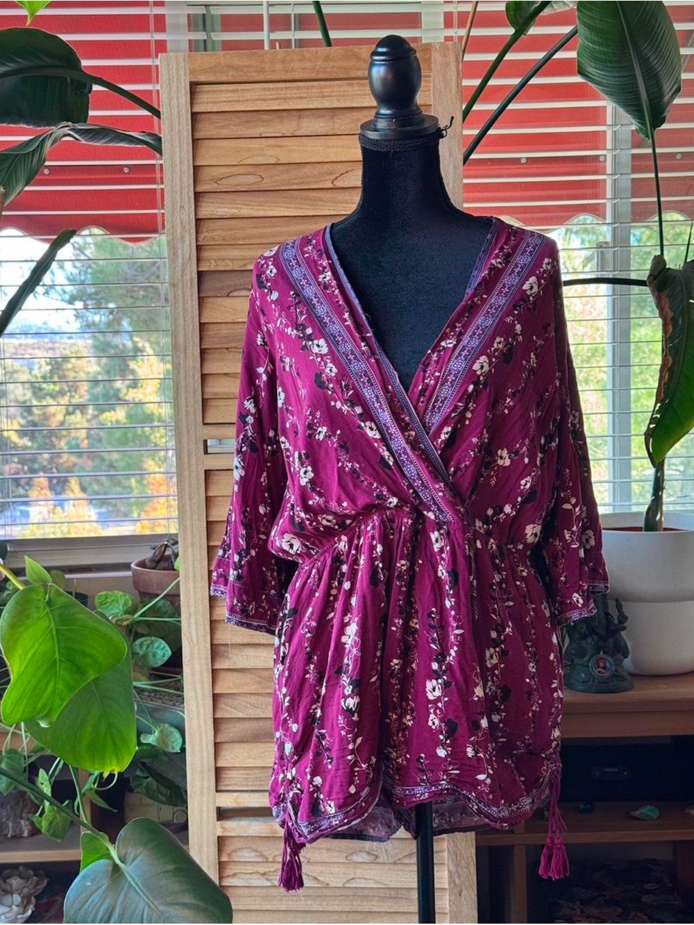Boho-chic Skies Are Blue purple floral wrap romper